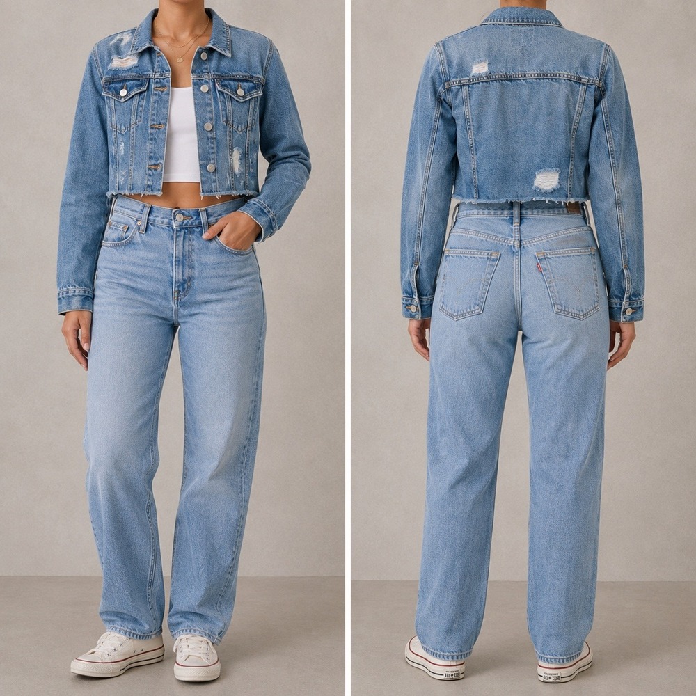 Forever 21 Denim Jacket S Medium Wash Distressed Cropped Raw Hem Button Front